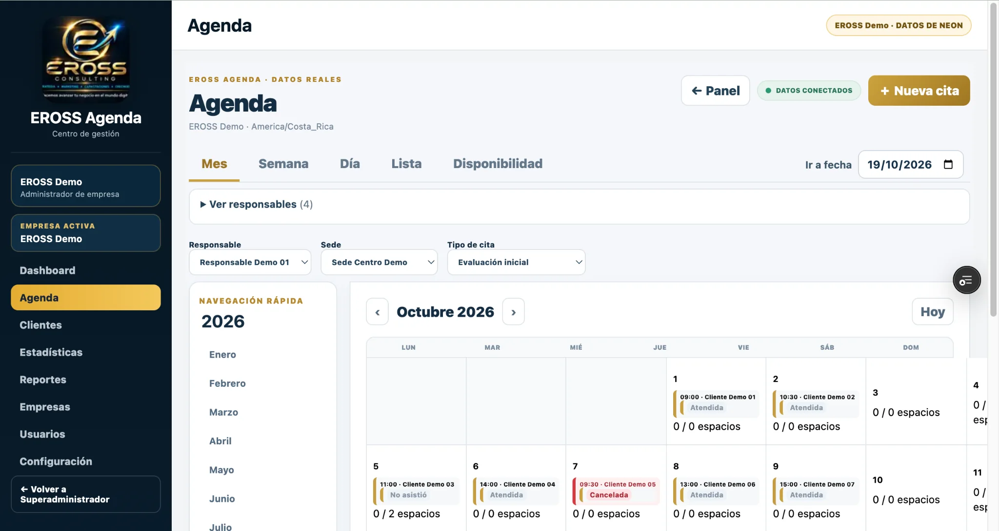 Captura real de EROSS Agenda: menú lateral con Agenda, Clientes, Estadísticas, Reportes, Empresas, Usuarios y Configuración, junto al calendario mensual con citas ficticias de EROSS Demo.